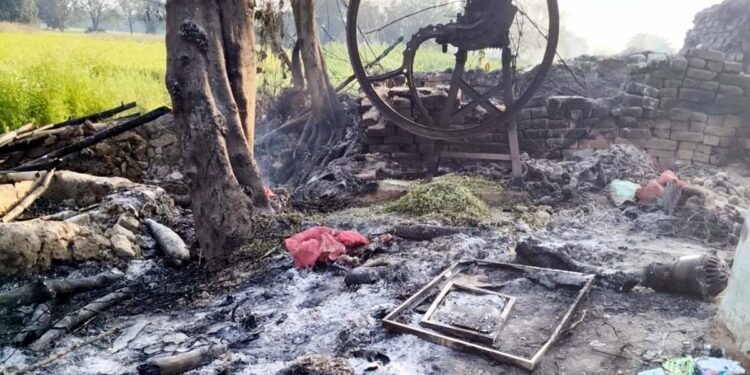 घर में आग लगने से गृहस्थी खाक, बैल की मौत