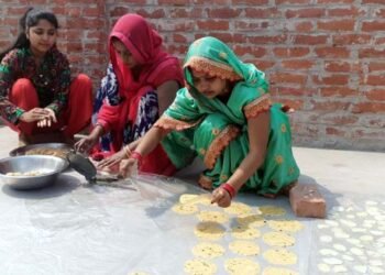 होली पर्व को लेकर चिप्स-पापड़ बना रहीं महिलाएं